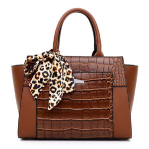 Women’s Crocodile Pattern Hand Shoulder Bag with Tied Leopard Silk Scarf